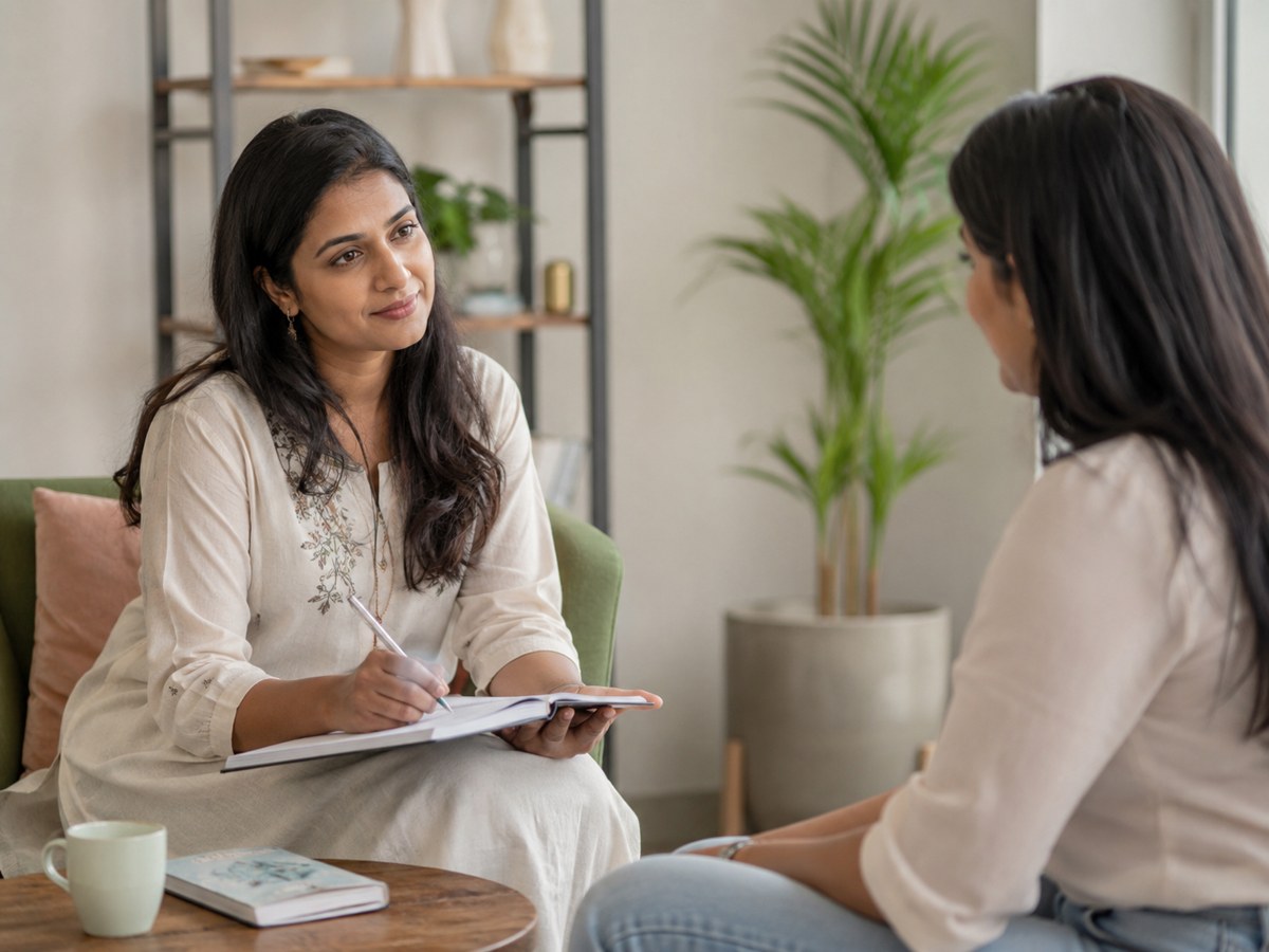 An Indian relationship coach in a supportive conversation with a client.
