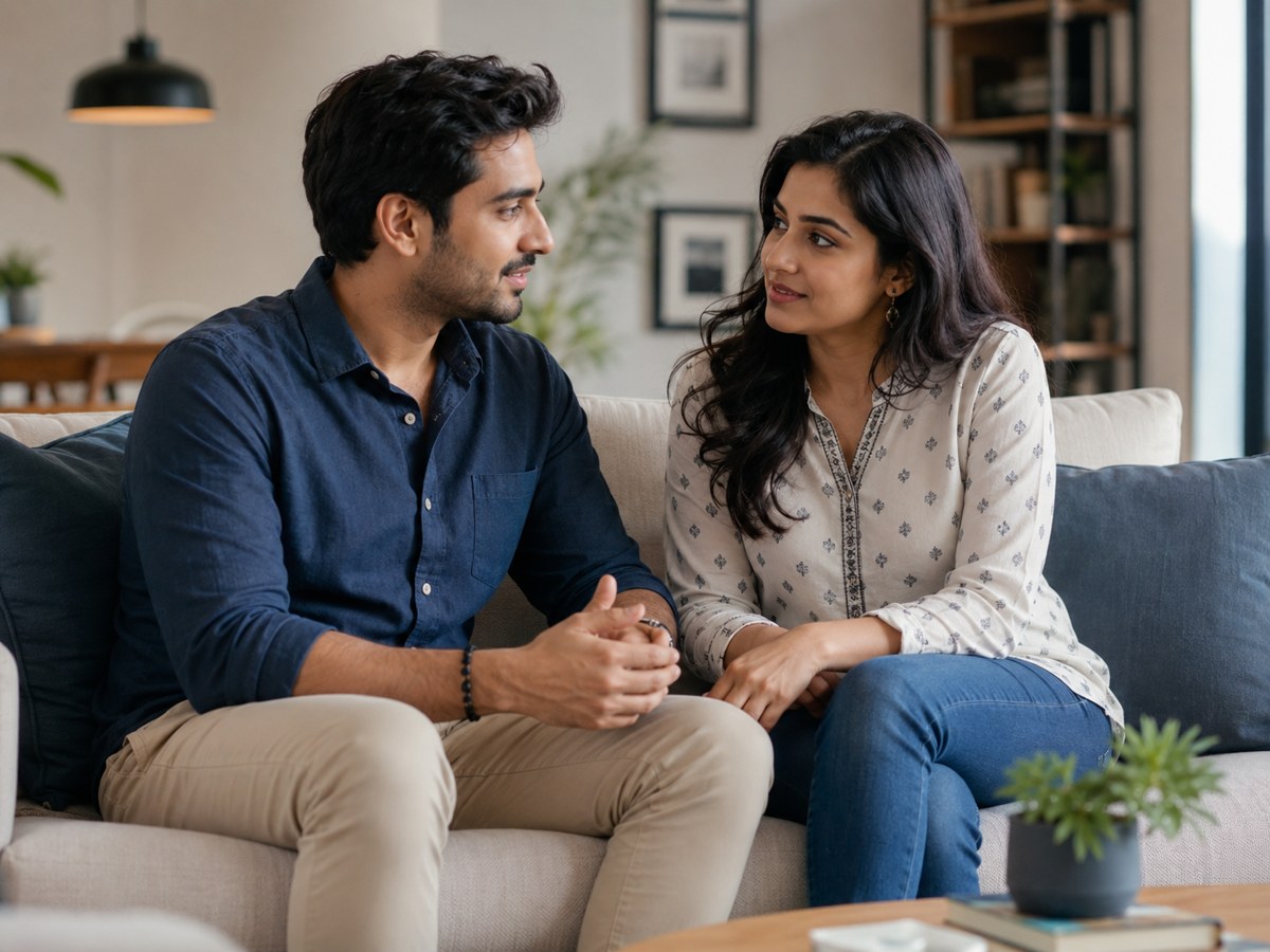 An Indian couple having a calm conversation at home.