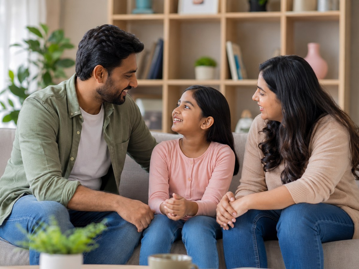 Indian parents having a warm conversation with their child.