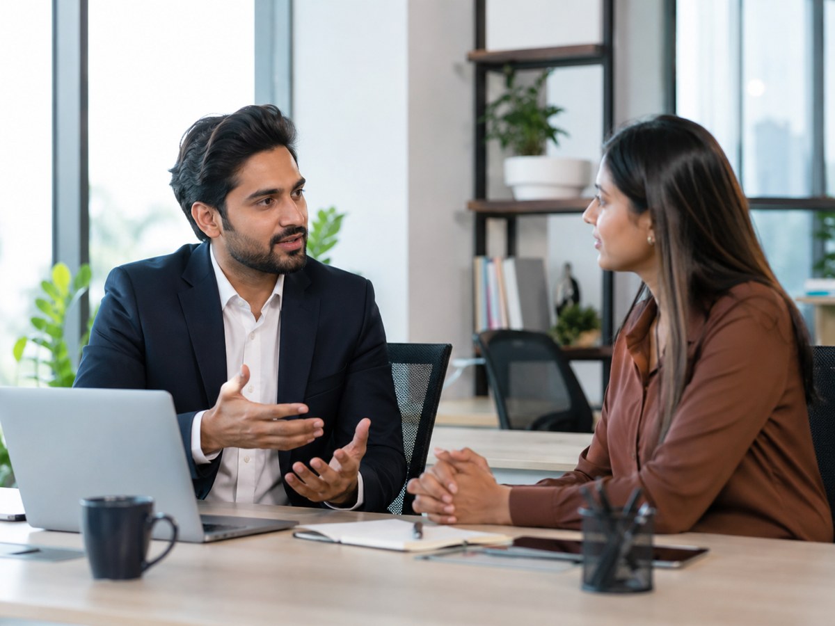 Two Indian professionals having a constructive conversation in an office.